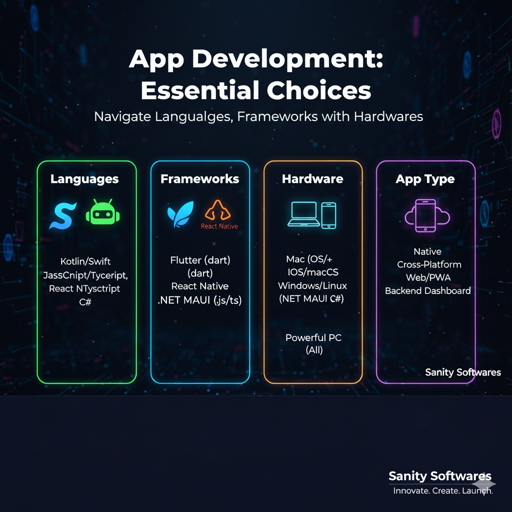 App Development Languages Frameworks and  Tools 2025 | Sanity Softwares Patna