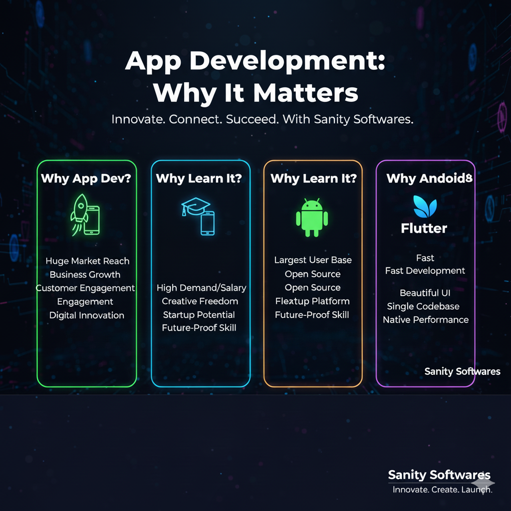 Why App Development is Important and  Why Learn Flutter Android | Sanity Softwares Patna